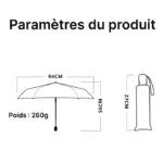 Parapluie de luxe minimaliste avec dimensions (56 cm hauteur, 94 cm diamètre) et poids de 260 g, incluant une housse de 27 cm.
