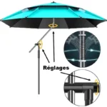 Parasol de pêche réglable avec écrou manuel et tige 25 mm. Orientation 360° et zone d’ombre élargie pour un confort optimal au bord de l’eau.