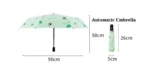 Parapluie automatique vert de diamètre de 98 cm et 26 cm de long une fois replié.