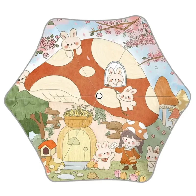 Parapluie enfant beige décoré de lapins et champignons. Design adorable et résistant au vent.