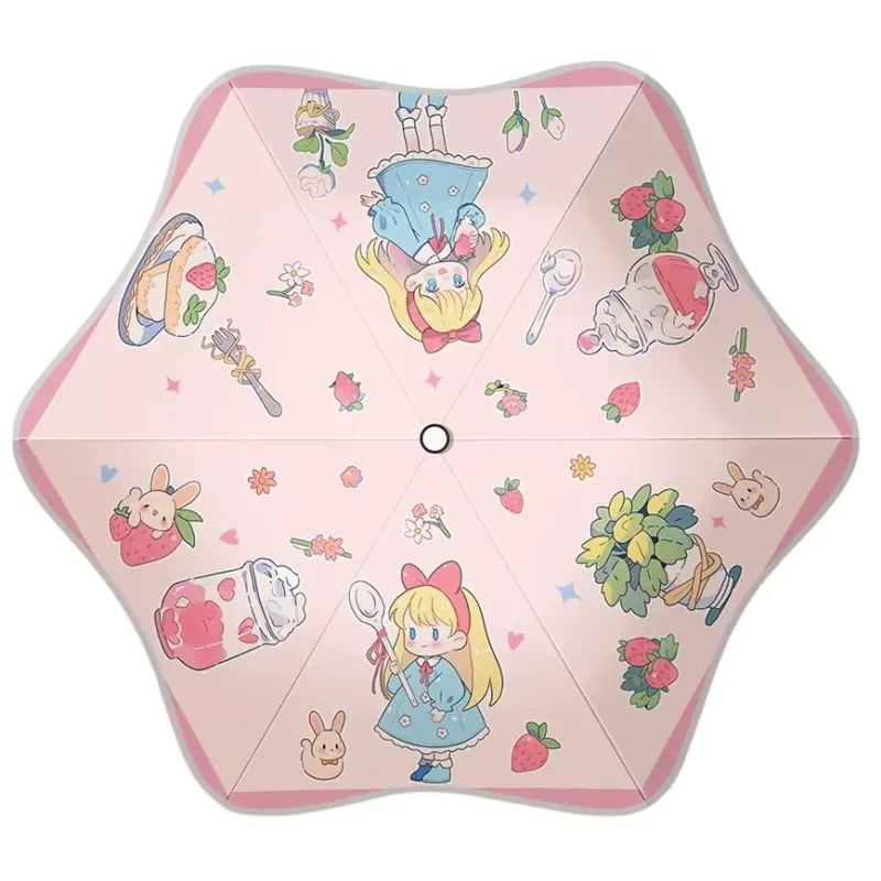 Parapluie rose à motifs “Alice” et fraises. Protection douce et fantaisie pour les journées pluvieuses.