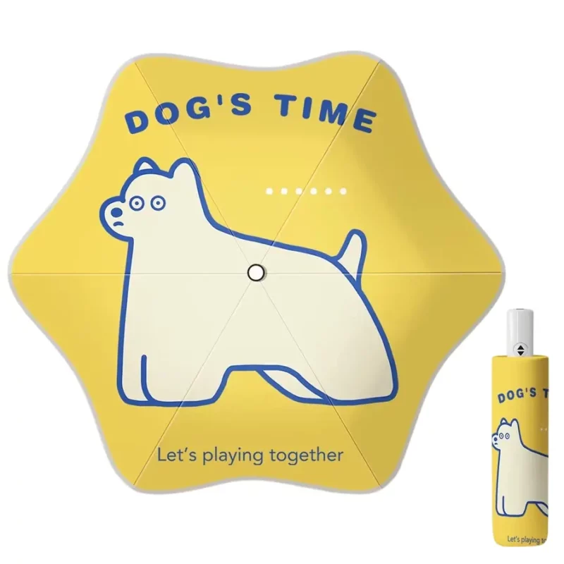 Parapluie enfant jaune vif “Dog’s Time”. Motif chien ludique, design joyeux et structure solide.