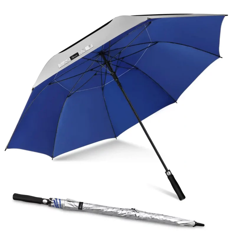 parapluie-golf-elegant-35 Parapluie de golf gris et bleu anti-UV, ouverture rapide et grande envergure. Conçu pour protéger efficacement sur le terrain. Style, confort et solidité garantis.