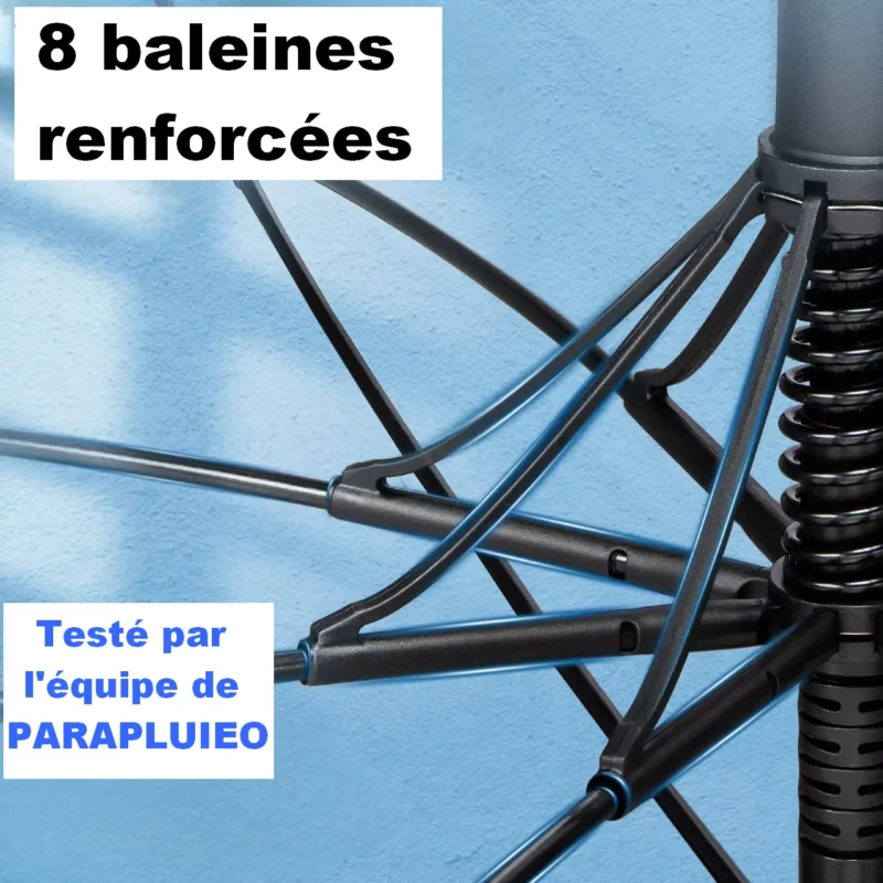 Baleines renforcées pour ce parapluie de golf ultra résistant. Testé par Parapluieo pour garantir solidité, confort et tenue parfaite face aux intempéries.