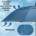 Parapluie de golf double toile, excellente ventilation et tissu waterproof. Protection idéale sous pluie ou soleil. Un modèle technique et durable.