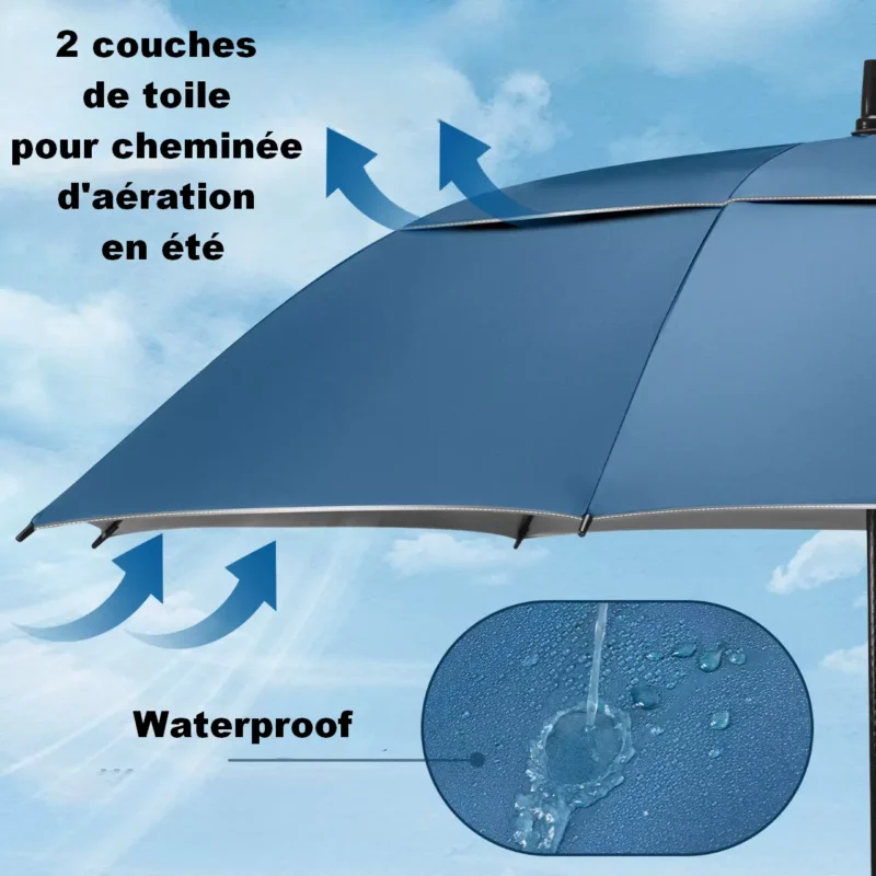 Parapluie de golf double toile, excellente ventilation et tissu waterproof. Protection idéale sous pluie ou soleil. Un modèle technique et durable.