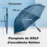 Parapluie de golf large 136 cm avec toile anti-UV et structure renforcée. Offre une protection complète sur le parcours. Idéal pour joueurs réguliers.