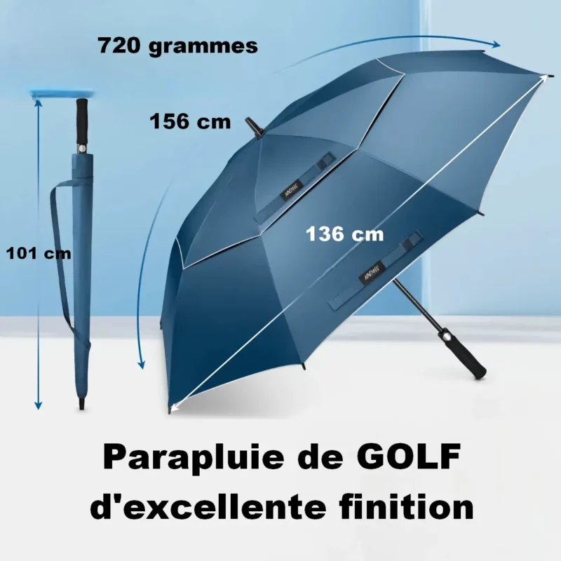 Parapluie de golf large 136 cm avec toile anti-UV et structure renforcée. Offre une protection complète sur le parcours. Idéal pour joueurs réguliers.