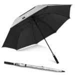 Parapluie de golf gris et noir, double toile anti-UV et structure solide. Fiabilité optimale contre vent et pluie. Un modèle haute qualité pour golfeurs exigeants.