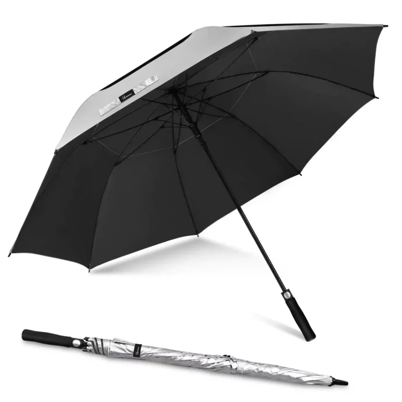 Parapluie de golf gris et noir, double toile anti-UV et structure solide. Fiabilité optimale contre vent et pluie. Un modèle haute qualité pour golfeurs exigeants.
