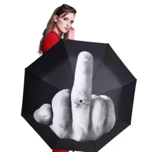 Parapluie noir avec un motif doigt d'honneur. Un design provocateur, parfait pour affirmer son style même sous la pluie.