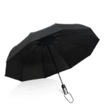 Parapluie noir uni, 10 baleines renforcées. Sobre et robuste, idéal si tu veux la version sans impression.