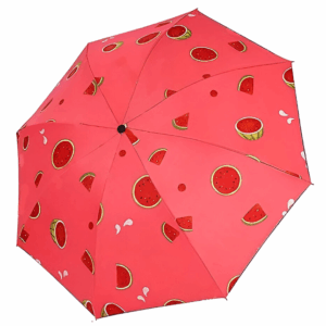 Parapluie rose pastèque 98 cm, automatique, hauteur 67 cm. Format compact 26 cm replié. Accessoire pratique, léger et parfait pour une pluie soudaine.