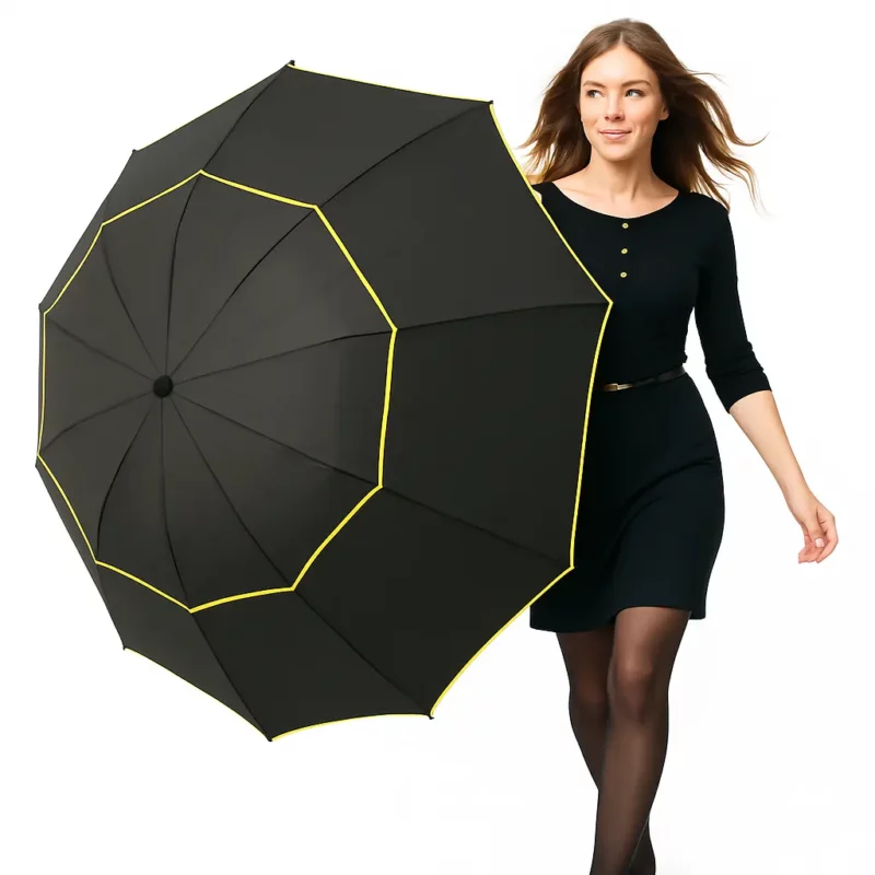 Parapluie XXL résistant avec bordures jaunes, élégant et pratique, parfait pour une protection stylée et efficace contre la pluie.