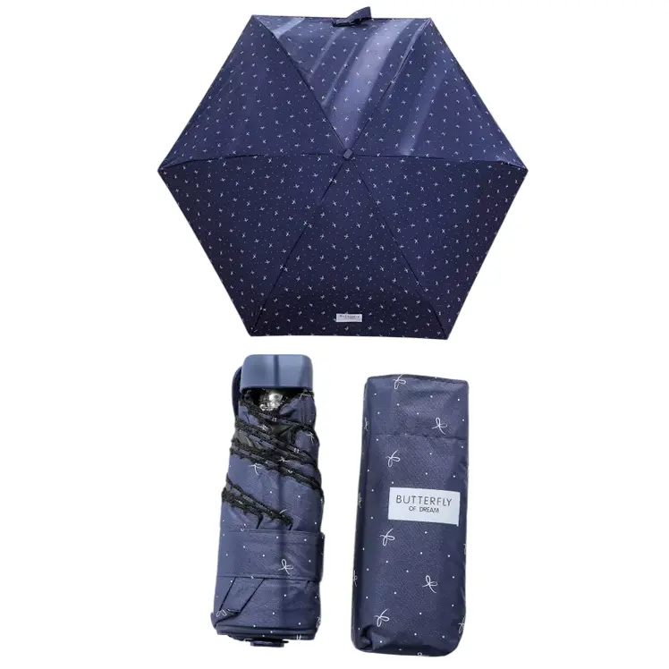 Petit-parapluie-fille-28 Parapluie pliant bleu marine à motifs, compact et léger. Protection pratique pour enfants, style élégant et housse assortie.
