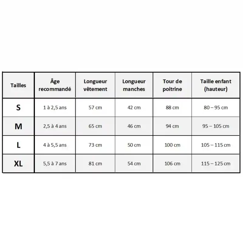 Tableau des tailles de S à XL pour un poncho bébé de qualité supérieure