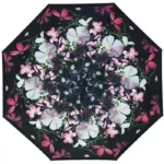 Parapluie inversé noir à poignée en C. Intérieur décoré de fleurs et papillons colorés. Design original, prise en main confortable, usage quotidien.