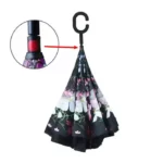 Parapluie inversé noir, poignée en C ergonomique. Décor fleurs et papillons à l’intérieur. Pratique en voiture, élégant et résistant.
