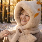 Capuche pilou-pilou beige pour femme, écharpe intégrée ultra douce, parfaite pour l’automne et l’hiver, look naturel et cocooning.