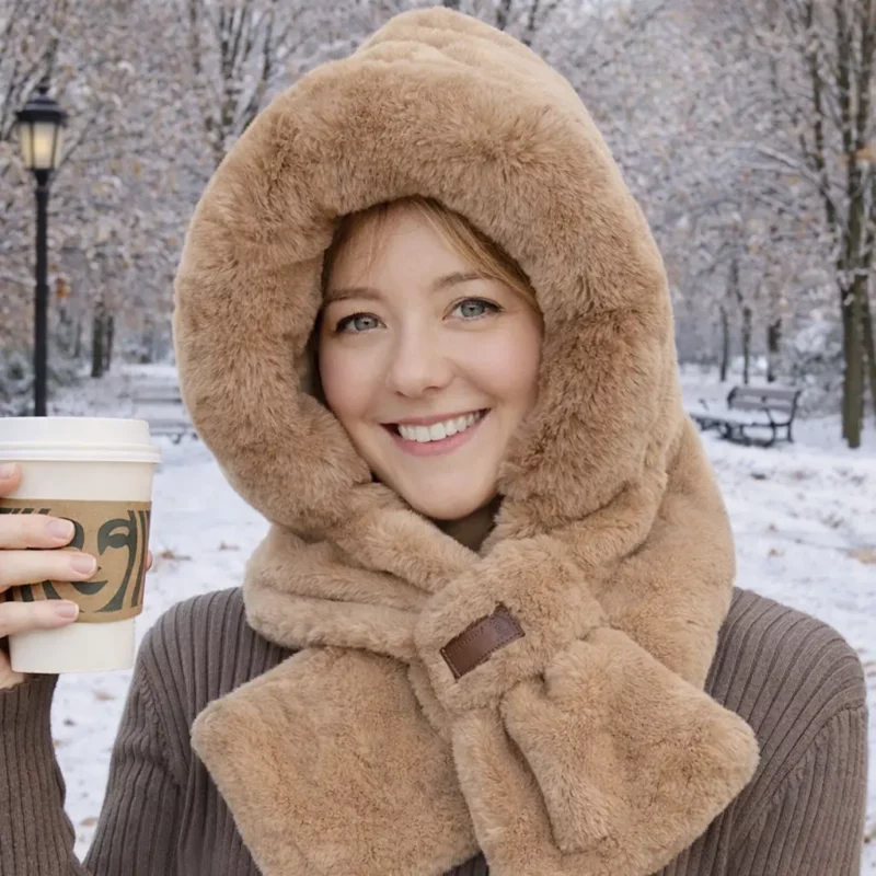 Capuche pilou-pilou marron pour femme, écharpe intégrée très chaude, parfaite pour les promenades hivernales et le froid intense.