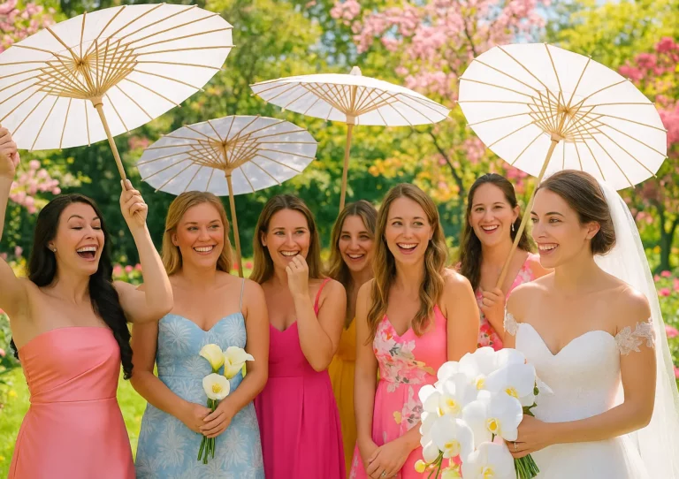 Mariée radieuse entourée de ses demoiselles d’honneur dans un parc fleuri, sous des ombrelles blanches, ambiance printanière ensoleillée.