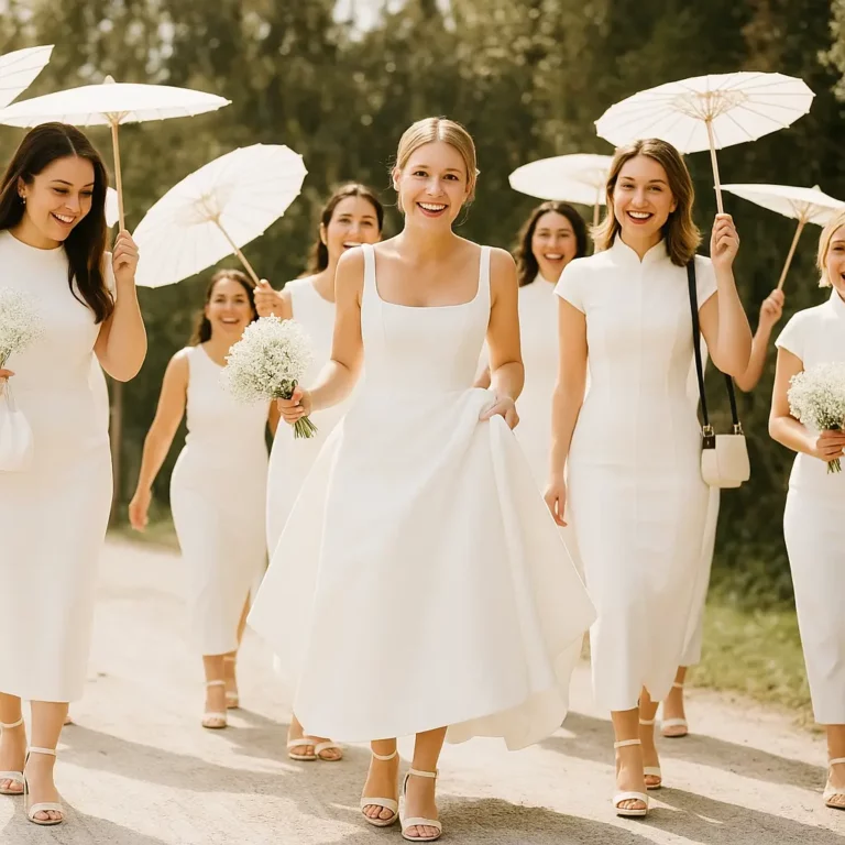 Mariée et demoiselles d’honneur en blanc avec parapluie japonais décoratifs élégants à la main, marchant sous le soleil dans un décor naturel chic.