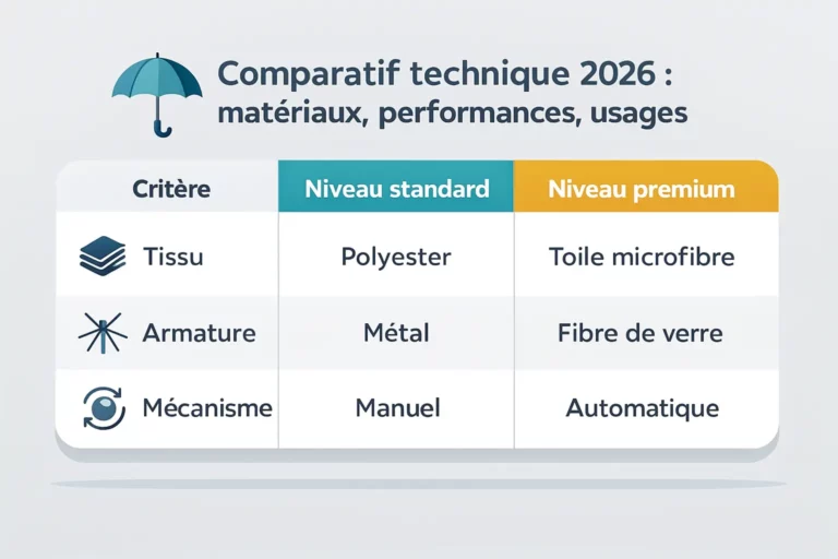 Tableau comparatif des parapluies standard vs premium : tissu, armature et mécanisme, pour bien choisir en 2026.