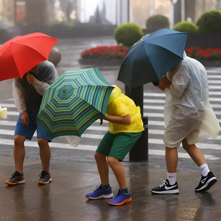 Trois personnes testent des parapluies sous la pluie et le vent. Parapluies rouge, bleu et vert, scène urbaine, résistance maximale garantie