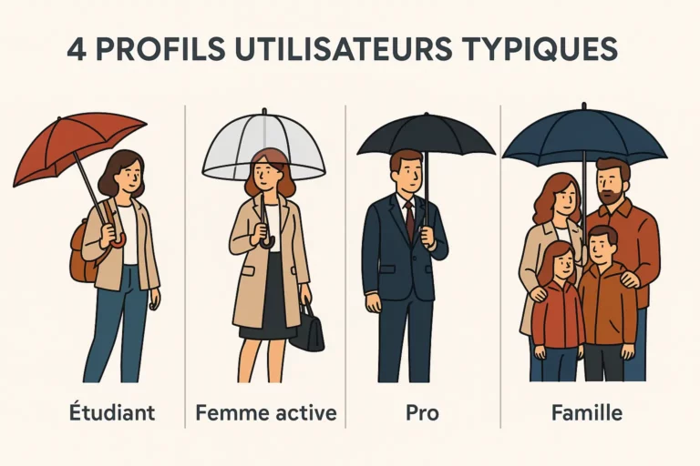 Étudiant, femme active, pro, famille : découvrez quel parapluie correspond à chaque profil d'utilisateur urbain.