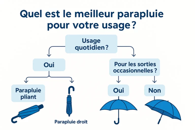 Arbre logique interactif pour identifier le meilleur parapluie selon l’usage quotidien ou occasionnel.