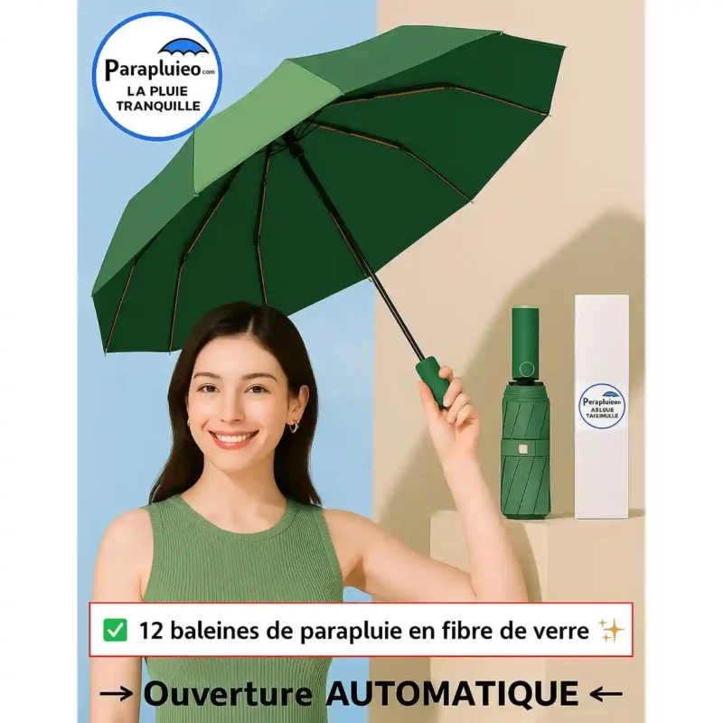 Parapluie automatique, large de 104 cm, idéal par grand vent. Format compact 33 cm, toile robuste et confort optimal. Le modèle performant ParapluieO.