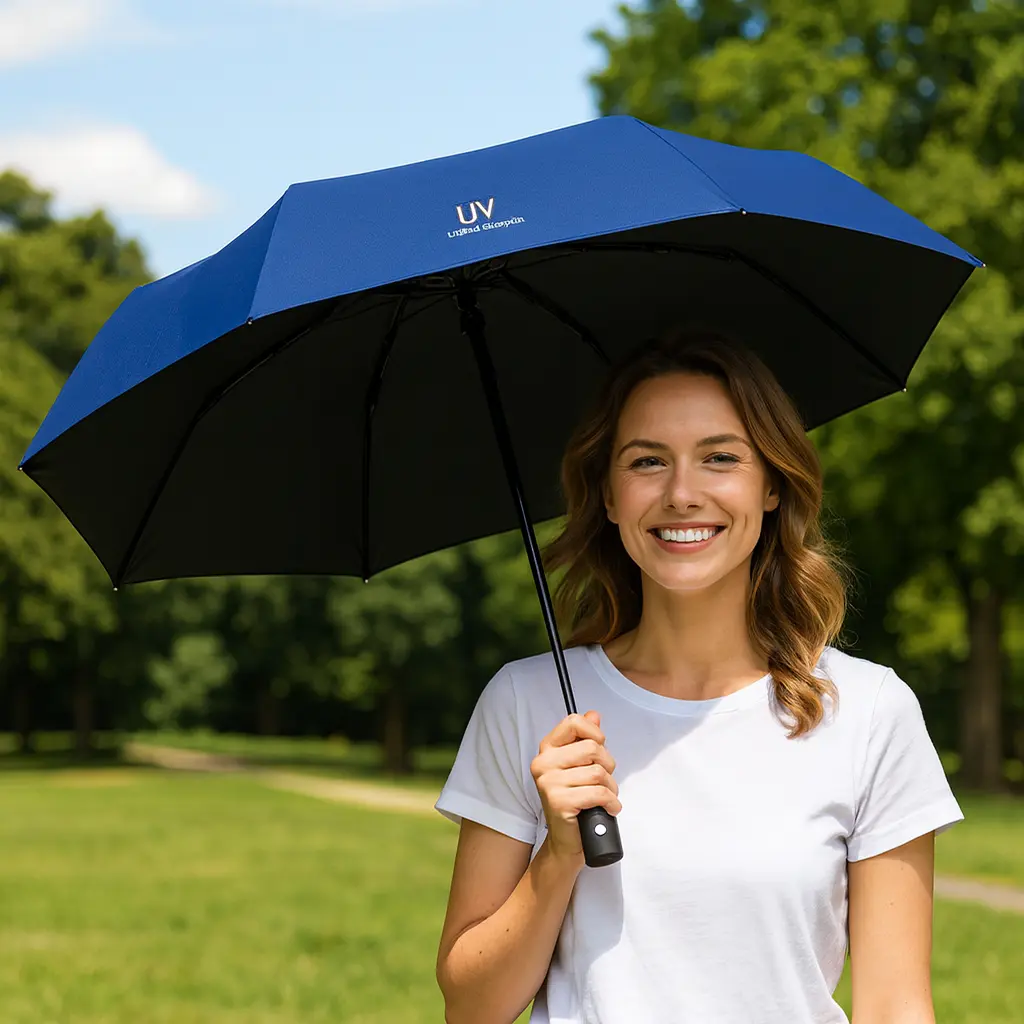 Parapluie anti-UV automatique bleu marine, 97 cm. Protection UV et pluie, structure solide, ouverture facile, léger, idéal au quotidien avec style.