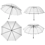 Parapluie cloche transparent avec bords ondulés noirs. Style élégant, visibilité parfaite sous la pluie, idéal femme et ville. Léger et résistant.