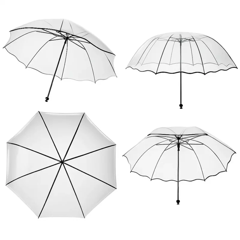 Parapluie cloche transparent avec bords ondulés noirs. Style élégant, visibilité parfaite sous la pluie, idéal femme et ville. Léger et résistant.