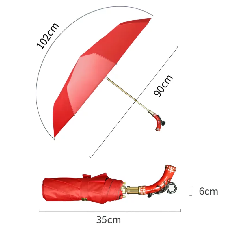Parapluie pliant rouge luxe, diamètre ouvert 102 cm, longueur ouverte 90 cm, fermé 35 cm, poignée courbe élégante, toile imperméable résistante pluie et vent.