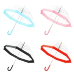 4 Parapluies cloche transparents à bord coloré. Style élégant, haute visibilité sous la pluie, protection optimale. Idéal ville et promenade au sec. 4 modèles, bleu, rouge, rose, noir.