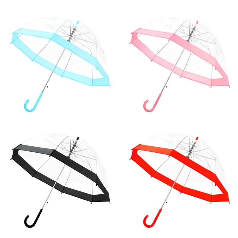 4 Parapluies cloche transparents à bord coloré. Style élégant, haute visibilité sous la pluie, protection optimale. Idéal ville et promenade au sec. 4 modèles, bleu, rouge, rose, noir.