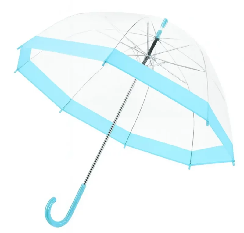 Parapluie cloche transparent bleu. Bord contrasté, grande visibilité, design moderne pour rester au sec avec style sous la pluie.