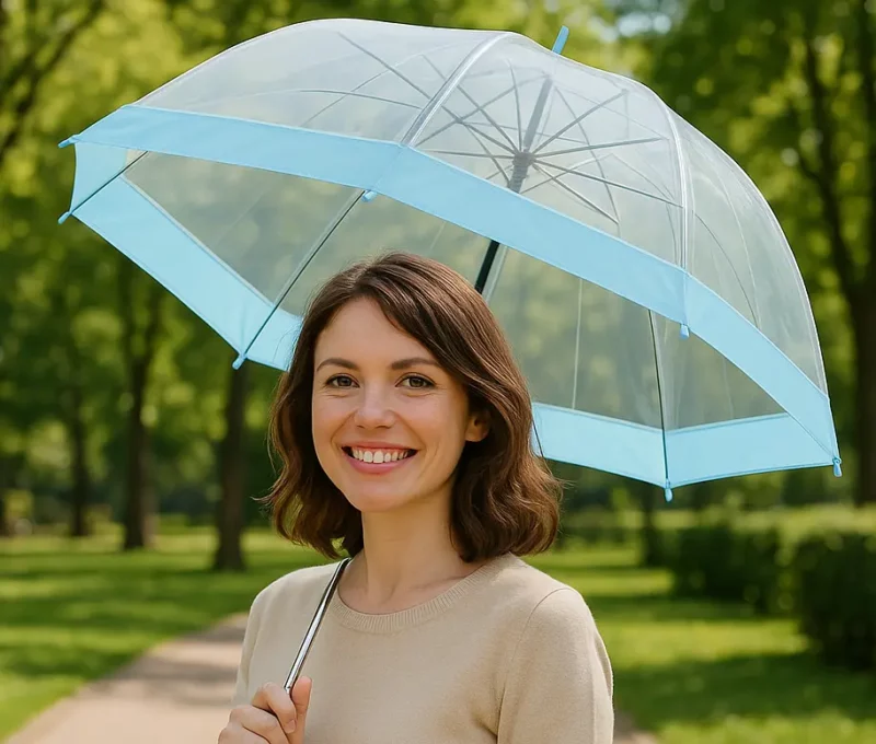 Parapluie cloche transparent bleu. Look tendance, protection pluie parfaite, large couverture pour sortir en toute sérénité.