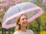 Parapluie cloche transparent rose. Chic et pratique, visibilité totale sous la pluie, idéal pour un look féminin et lumineux.