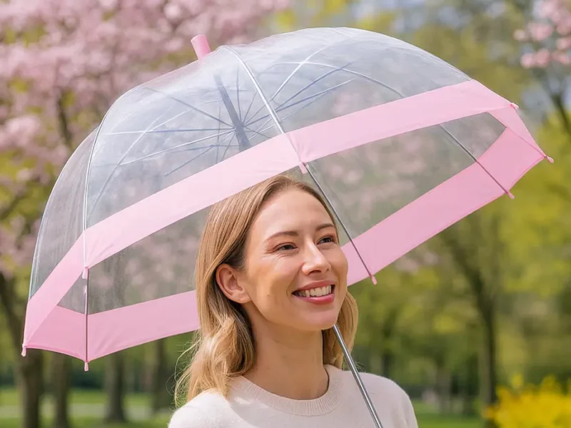 Parapluie cloche transparent rose. Chic et pratique, visibilité totale sous la pluie, idéal pour un look féminin et lumineux.