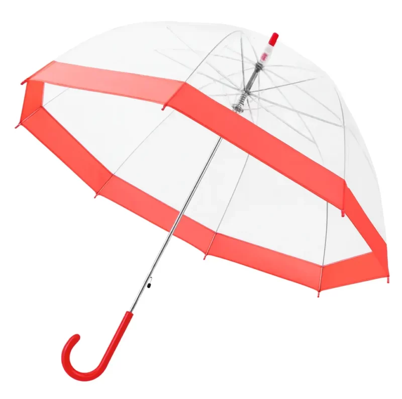 Parapluie cloche transparent rouge. Bord vif, excellente protection, visibilité claire. Parfait pour sortir avec style sous la pluie.