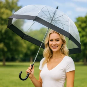 Top modèle tenant un parapluie cloche transparent dans un parc lumineux sous ciel bleu, photo réaliste et élégante.