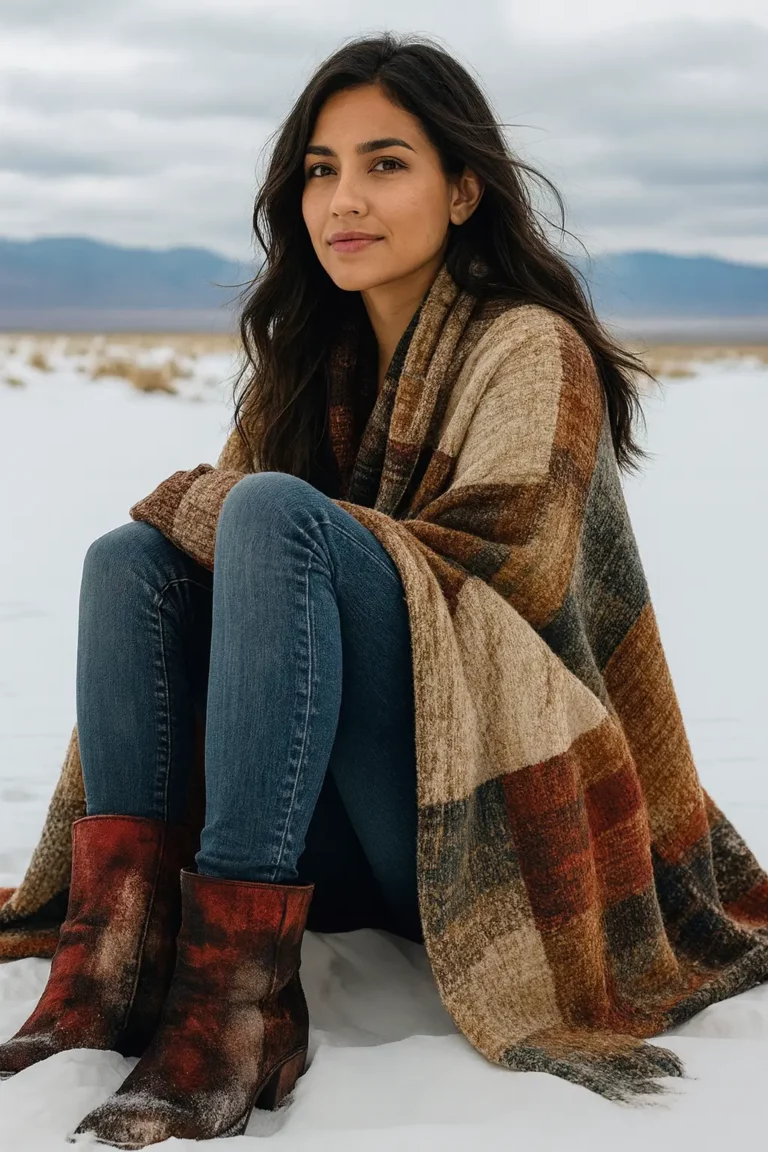 Poncho plaid marron : Look hiver chaud et naturel. Tenue outdoor cosy, idéal pour un style confortable et moderne en saison froide. Parfait pour vos idées mode.