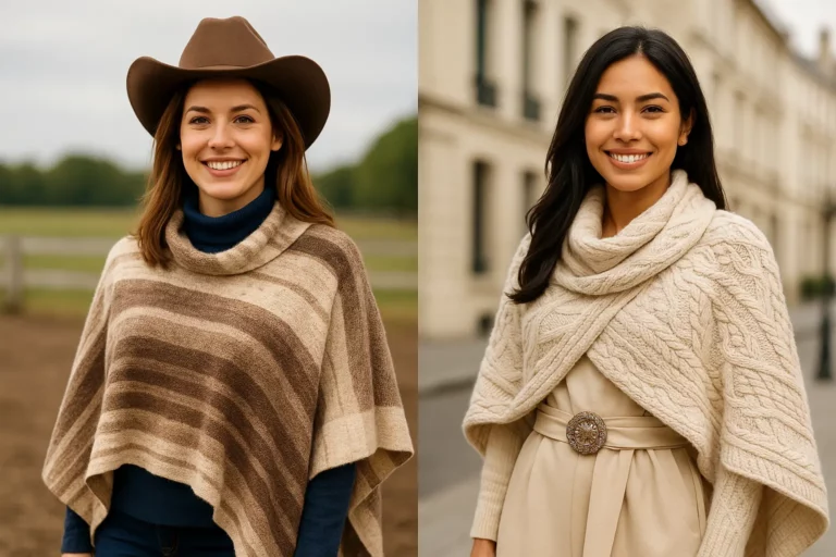 Poncho rayé beige et marron : Style western chic. Coupe douce et chaude pour un look confortable, parfait pour l’automne et l’hiver. Idéal pour vos inspirations mode.