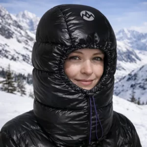 Capuche duvet noir haut confort pour ski et hiver. Isolation renforcée, léger, imperméable, protège du vent glacial. Idéal montagne et rando.