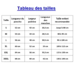 C'est un magnifique poncho imperméable pour enfant, solide et résistant. Le tableau des tailles de S à 3XL