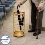 Porte-parapluie doré design anneaux en métal, idéal pour hall d’entrée élégant, stable et pratique pour parapluies longs et pliants.