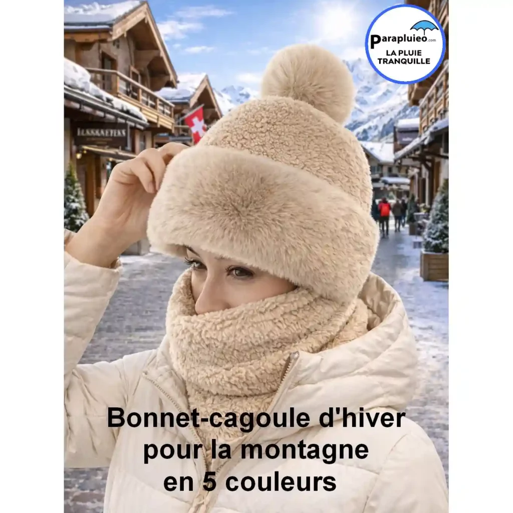Bonnet cagoule d’hiver chaud avec fourrure douce. Protection complète contre le froid en montagne. Confort, style et chaleur assurés.