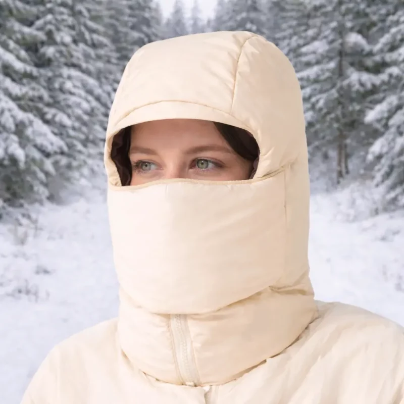 Capuche chaude beige avec cache-visage intégré. Protège du vent, neige et froid extrême. Idéale rando, ski et balade d’hiver. Confort, chaleur, protection totale.